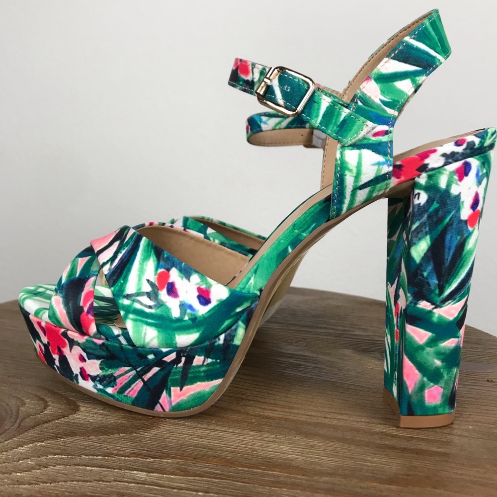 Pink and Green Floral Platform Block Heel